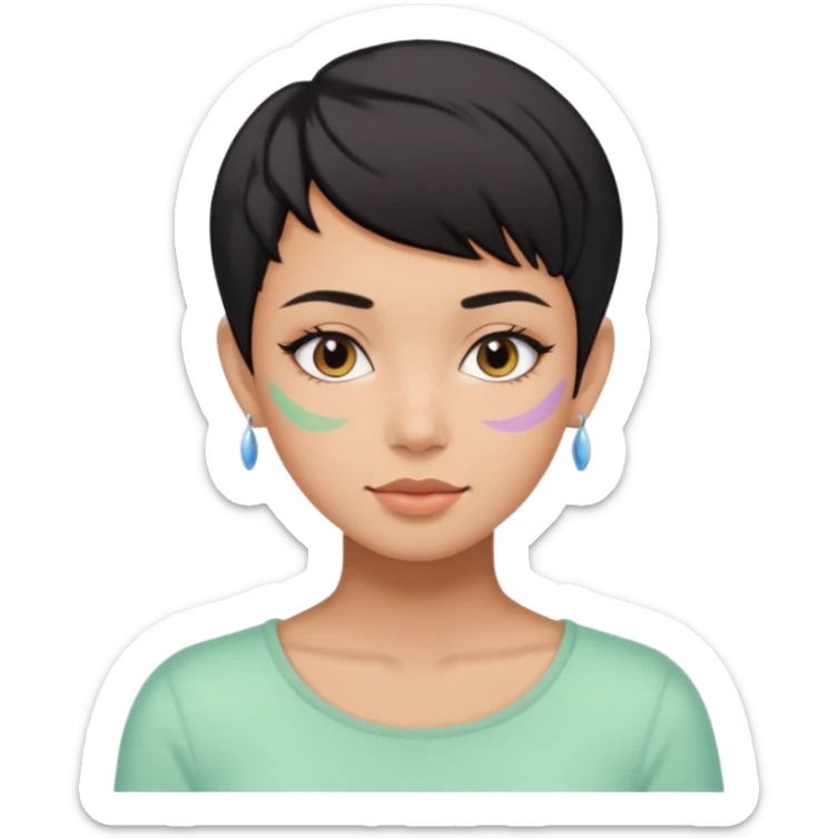 tan girl with black hair & a pixie cut no earrings doing cute pastel colors skin care sticker