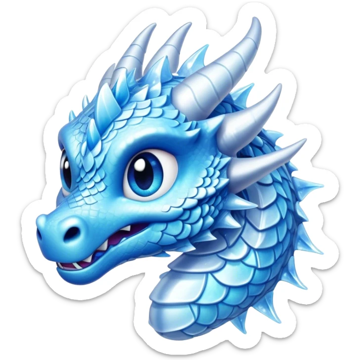 Cinematic Cute Beautiful Ice Dragon Portrait Emoji, Head tilted playfully and inquisitively, featuring a sleek, glacial form with intricately detailed, frost-kissed scales in shimmering blues and sparkling silver, accented by delicate ice crystal patterns and a gentle, enchanting glow; rendered with lifelike clarity and soft, natural light, high shine, charming and cool, styled with a touch of wintry fantasy, soft glowing outline, capturing the essence of a mischievous yet endearing ice guardian poised to twirl playfully into your dreams! sticker