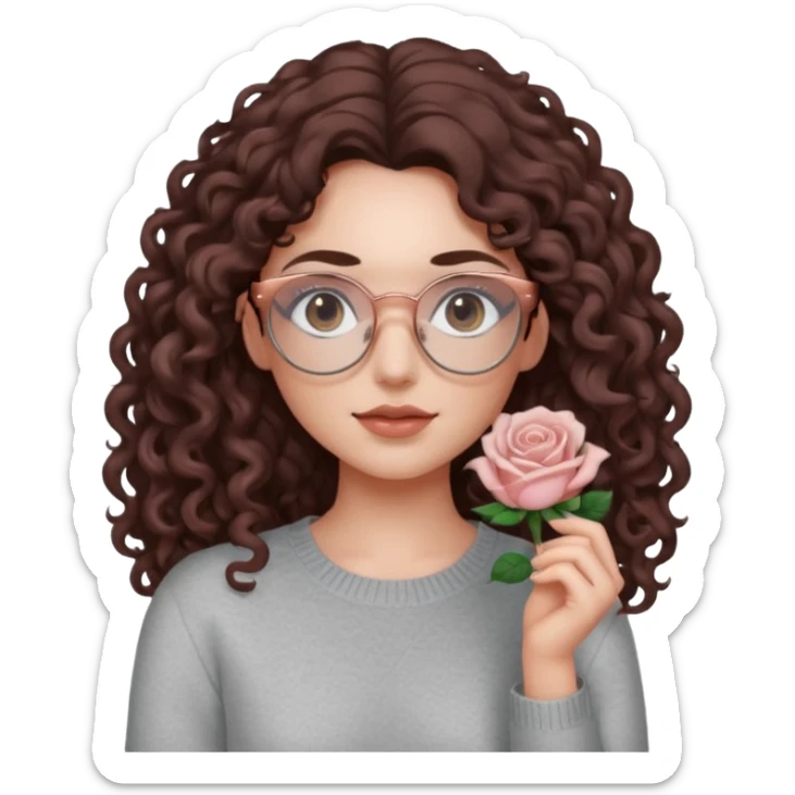 aesthetic white girl with dark brown, long curly hair and black eyes  , light grey sweater top and rose gold glasses sticker