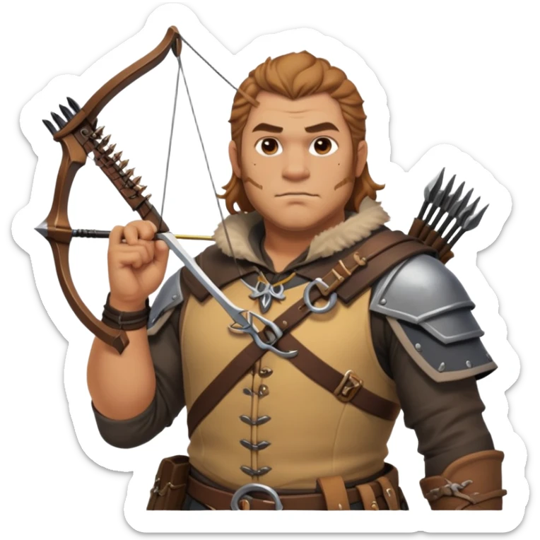 Varric Tethras from Dragon Age with crossbow and chest hair sticker