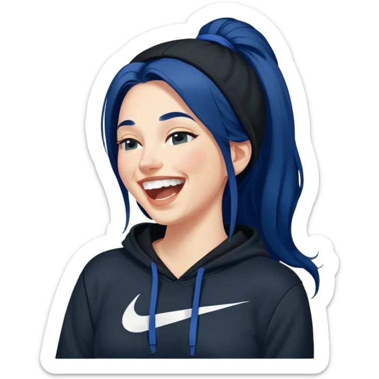 White 30 year old woman with really long dark blue hair head back laughing hysterically wearing a black hoodie with a Nike logo sticker