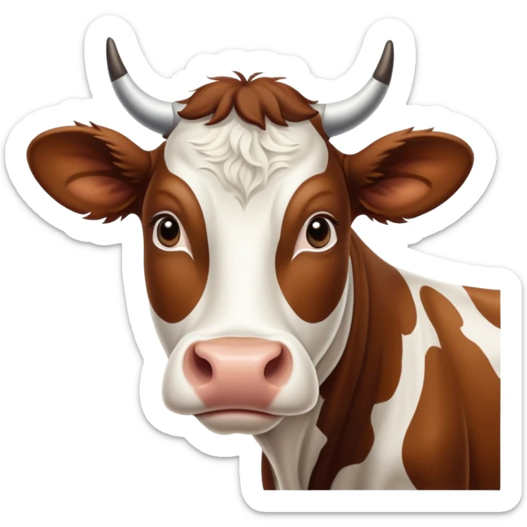 cinematic-noble-brown-and-white-cow-portrait-emoji,-poised-and-regal,-with-a-large,-sturdy-build-and-a-beautifully-patterned-hide-of-rich-brown-accented-by-crisp-white-patches,-deep-set-soulful-brown-eyes,-simplified-yet-sharp-and-sophisticated sticker