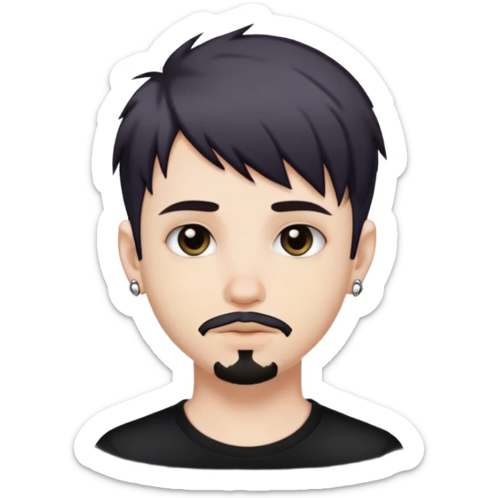 Cute white male, short dark colored hair and facial hair, nose and lip piercing, emo sticker