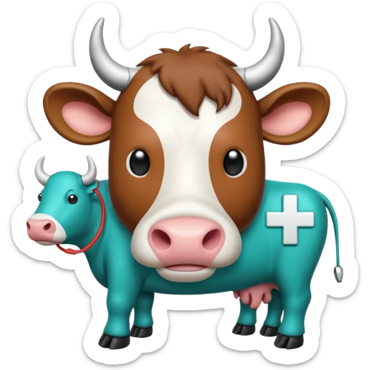 Emoji-style icon of a cow and buffalo with a medical cross and warning pulse or health indicator, showing disease detection. Simple emoji design, teal and white theme, no text, transparent background. sticker