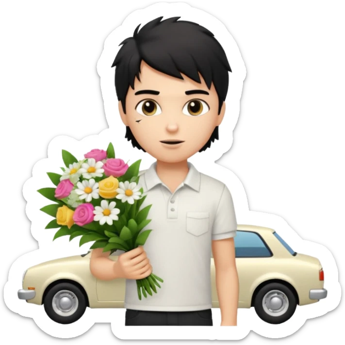 generate a pretty fair bratz boy with a messy mullet (black hair), wearing a white polo.  carrying a bouquet made of money. expensive car behind him sticker