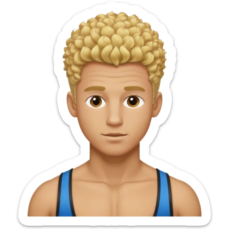 Athletic man with blond curly hair only on the top, straight on sides, thick neck, high top fade with no part, no shirt and SHOW ABS sticker