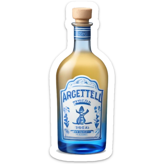 Une bouteille de tequila de classe azul, avec un bouchon argenté et des motif blanc et bleu sur la bouteille  sticker
