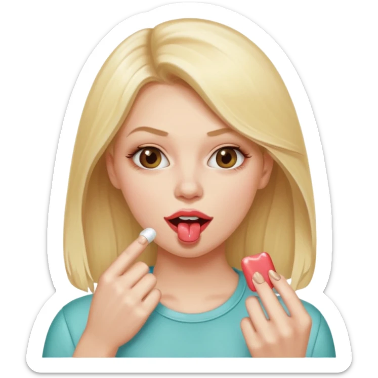 Elle fais une peu petasse, elle se mord le coin la lèvres. Elle est blonde. Ongles vernis marrons. Elle mâche un chewing-gum  sticker