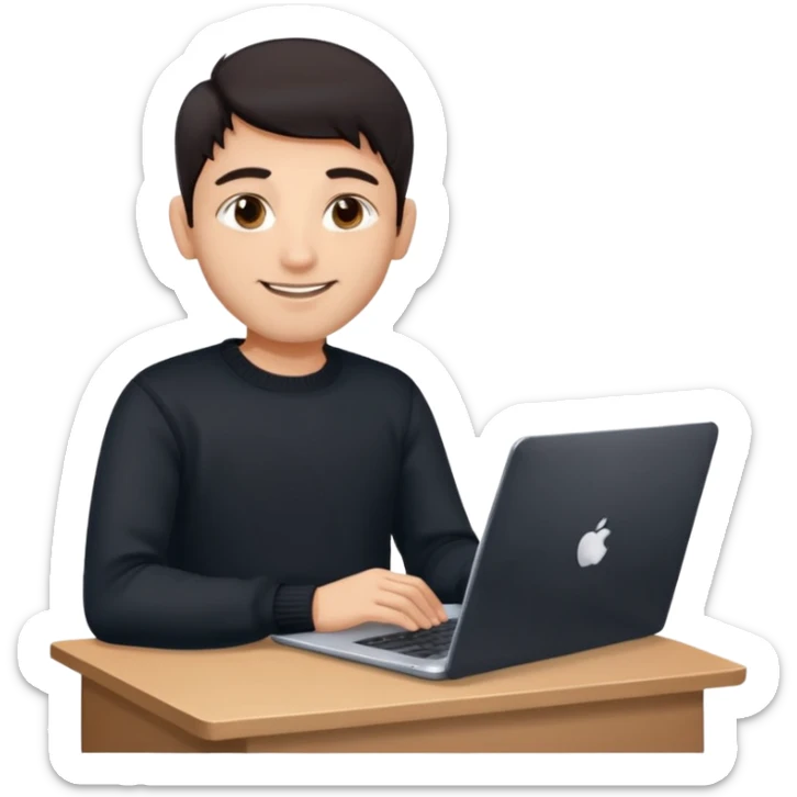 memoji of a man with a laptop, apple-style, modern, dark hair, black sweater, Indian fair skin, small cute smile, holding a computer, sitting at a desk, light blue gradient background sticker