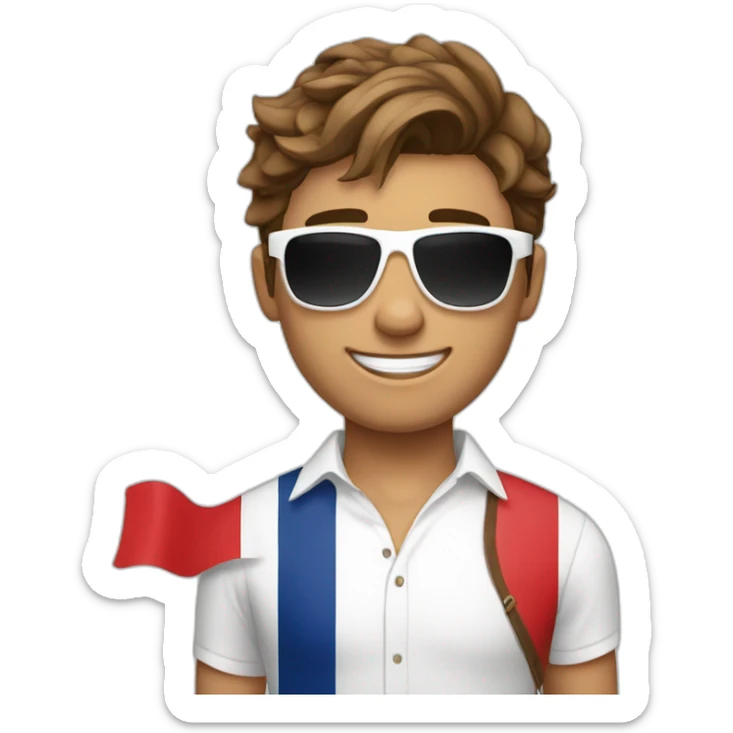 A young fit man with a white shirt and sunglasses on his hair with brown hair and a French flag in his hand sticker