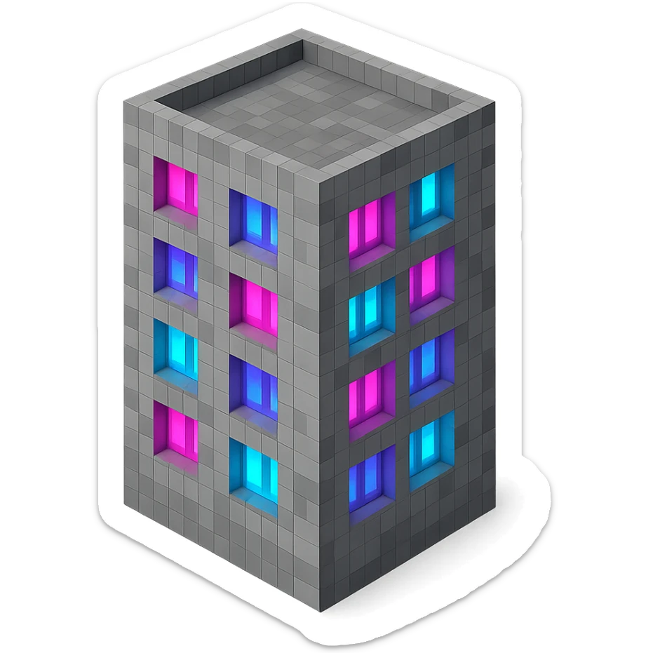 voxel style Russian panel apartment building with fewer blocks, gray concrete, windows glowing with ultraviolet (UV) color, isometric view sticker