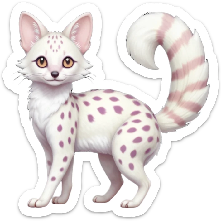 White Albino frosty snow-white whitish pastel-grey-spotted Serval-Civet-Genet-Trico-Furret-Linoone-Noibat-Espeon-Fakémon-Pokémon-animal-hybrid-fusion-creature (full body) with vibrant glowing eyes, cute, elegant, soft, realistic, pastel fur sticker