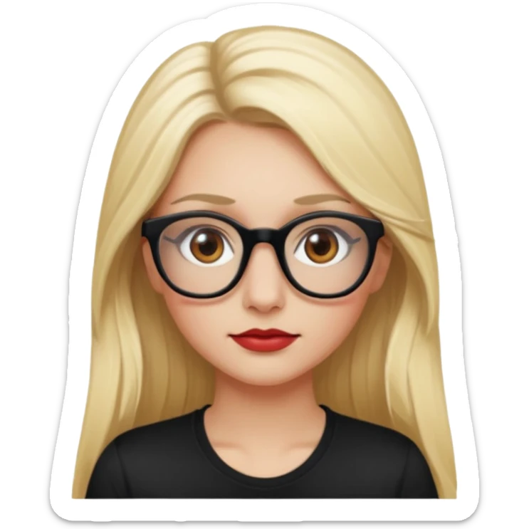 A blonde woman, long hair and long eye lashes,small nose, red blushe and highlighter, black glasses,brown eyes, white tshirt sticker