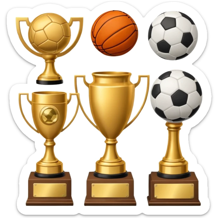 a basketball, soccer ball, volleyball, and a football all mixed with a trophy sticker