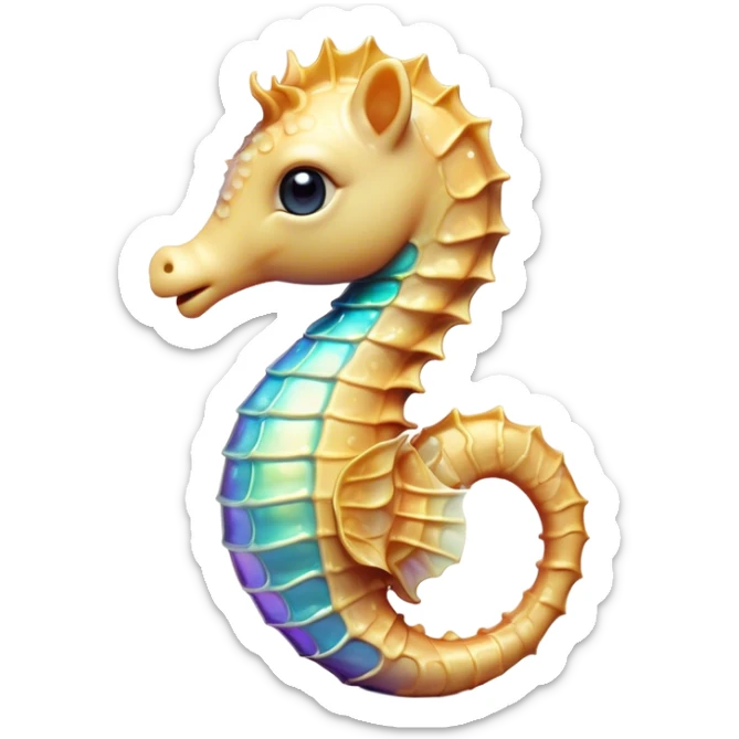 Cinematic Realistic Cute Sea Horse Portrait Emoji, Head tilted playfully and inquisitively, featuring a delicate, curvaceous form with intricately rendered, iridescent scales and a charming, expressive face with round, sparkling eyes full of gentle curiosity, high shine, affectionate and whimsical, styled with a touch of aquatic magic, soft glowing outline, capturing the essence of a mischievous yet lovable sea horse that seems poised to flutter out of the screen into your embrace! sticker