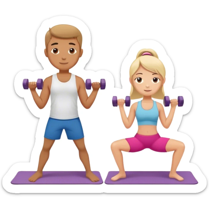 boy and girl in fitness class with yoga mat and dumbbells  sticker