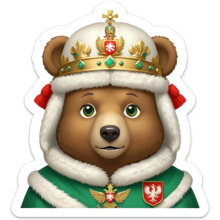 Just the head of a cute brown bear with green eyes, wearing white fur ushanka hat with highly detailed realistic Russian Federation coat of arms, showing double-headed eagle with crowns, scepter, orb and St. George shield, iOS emoji style sticker