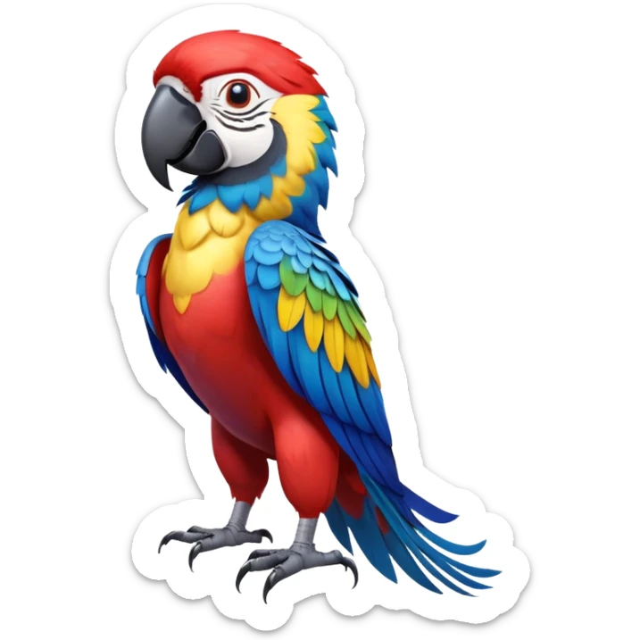 cinematic-macaw-realistic-full-body-standing-emoji,-vibrant-feathers-glowing-with-rich-reds,-blues,-and-yellows,-head-tilted-dramatically,-curved white-beak-gleaming,-piercing-dark-eyes-exuding-confidence,-simplified-yet-realistic-focused sticker