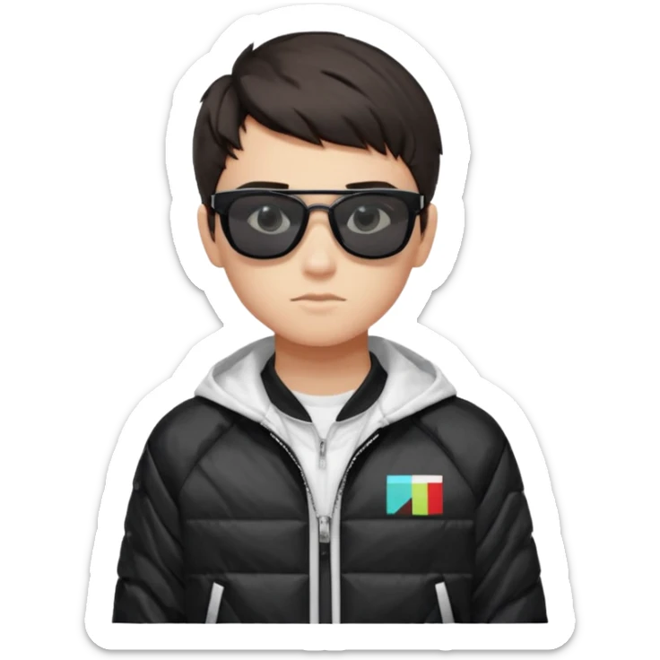 A confident 17 year old boy with short dark hair, wearing pixelated “deal with it” meme sunglasses and a sporty jacket with a bright inner lining. He has a calm, serious expression that gives off a cool, laid-back vibe. sticker