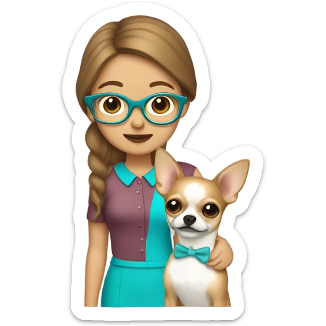 Lady with brown jair, eye glasses and brackets, light skin, with her chihuahua, blond male chichi agua sticker
