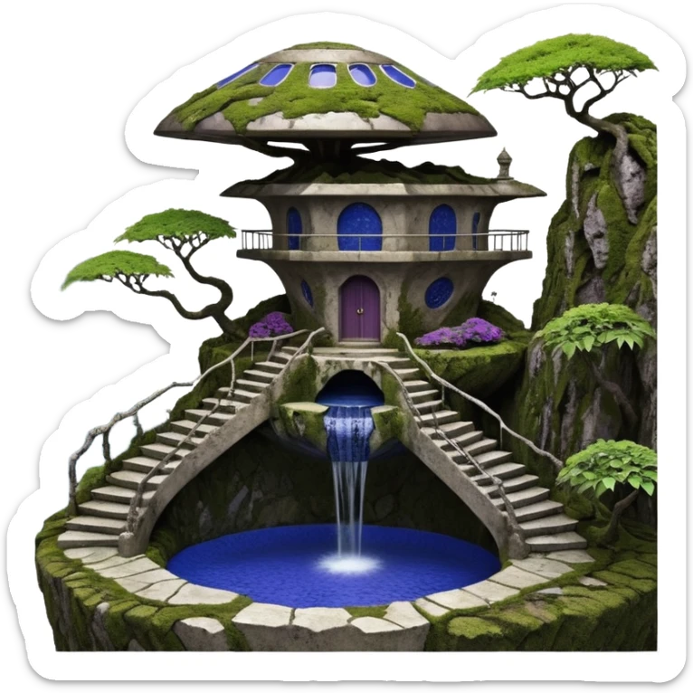 Alien saucer house jungle-vines precarious narrow stairway fountain mountain-island landscape antique mudman very old broken cracked intricate Stone Age lapis-crusted irregular dodecagon-shaped shallow dark moss rough bark violet serissa flowered maple tree bonsai pot sticker
