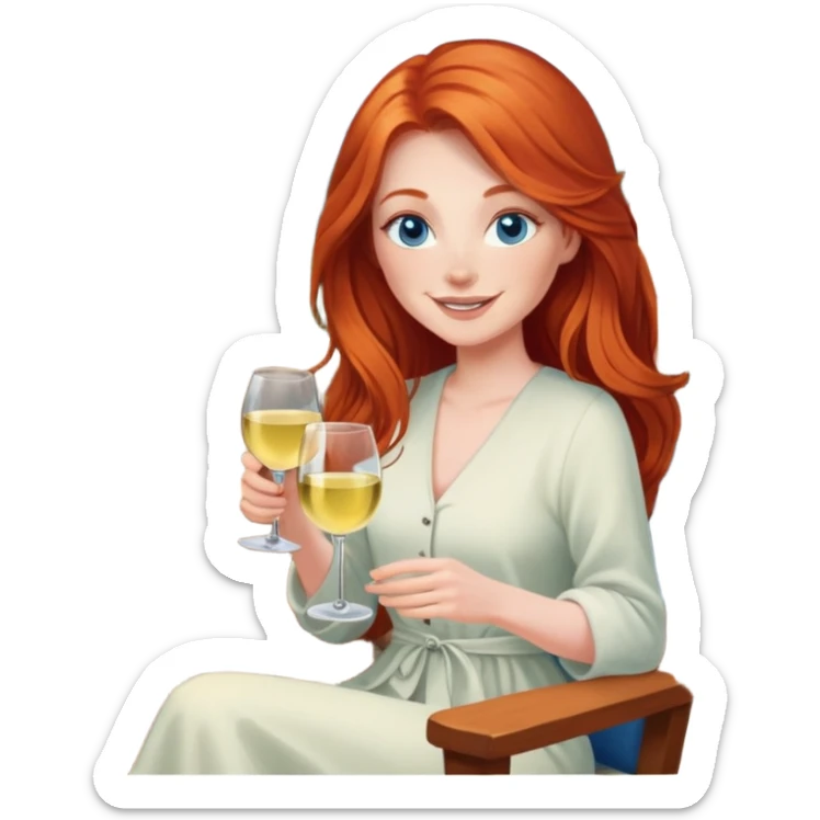 Happy redhead with long hair and blue eyes holding white wine sitting in chair beside fire outdoors sticker