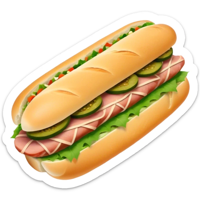Cinematic Realistic B√°nh m√¨ Sandwich Dish Emoji, showcasing a crusty baguette filled with savory meats, pickles, and fresh herbs rendered with dynamic detail and appetizing lighting. sticker