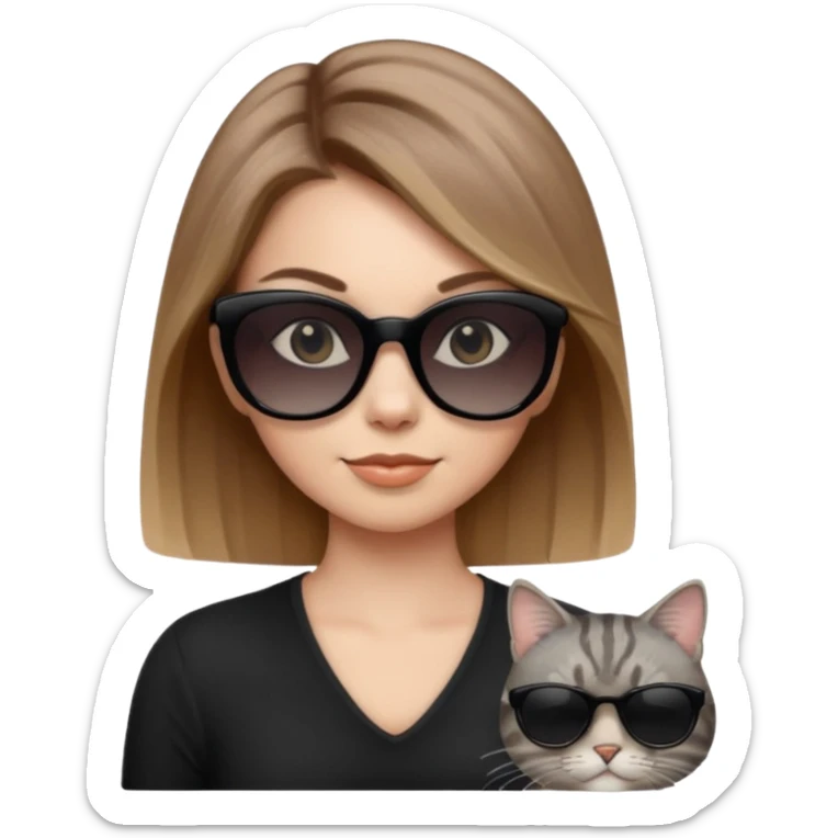 white woman with light brown ombre hair and grey tabby cat, both wearing black sunglasses, looking cool, soft realistic emoji style sticker