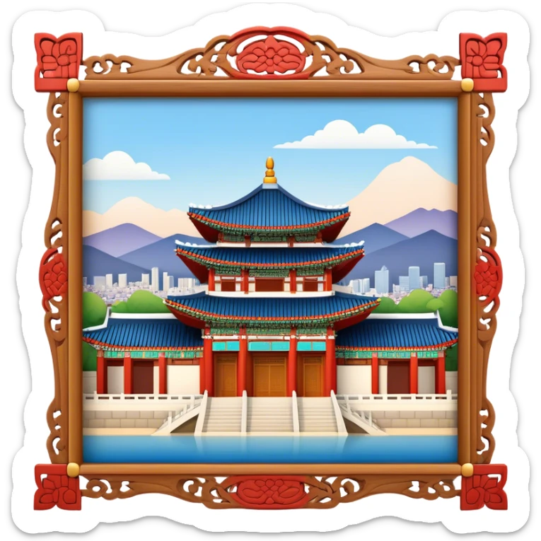 Cinematic Realistic Gyeongbokgung Palace Landmark Emoji, rendered with traditional Korean architecture, ornate wooden carvings, and vibrant colors, set against the backdrop of modern Seoul with soft evening light. sticker