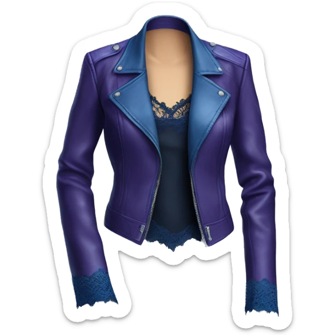 Realistic side view of a dark purple leather jacket with dark blue lace and blue silk camisole blouse underneath it. sticker