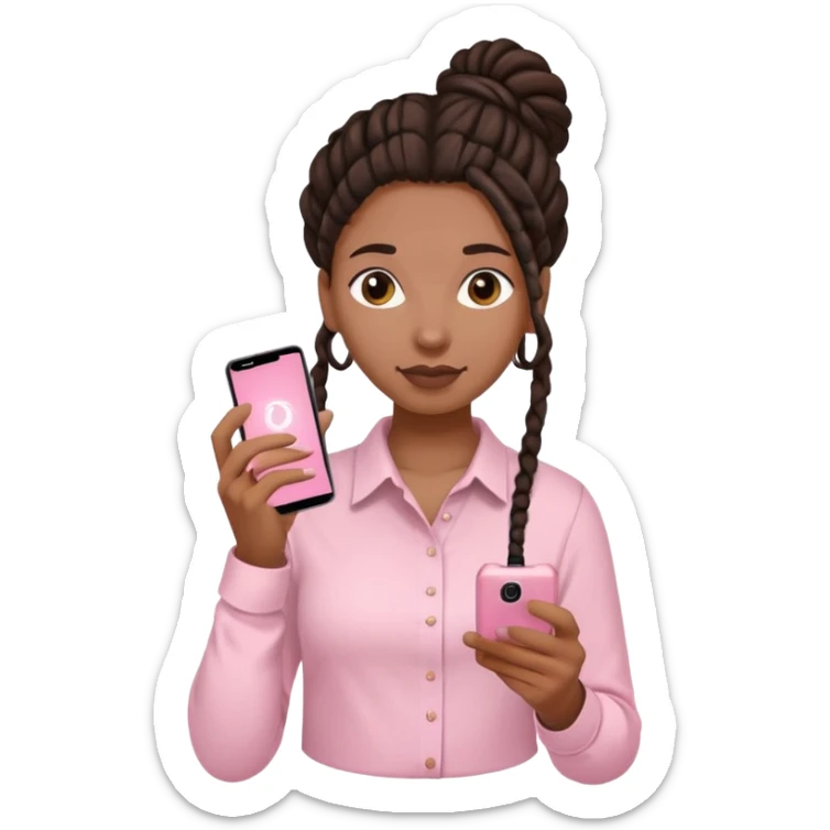 Dark brown woman with dreadlocks in bun Light pink shirt with a light pink phone in her hand sticker