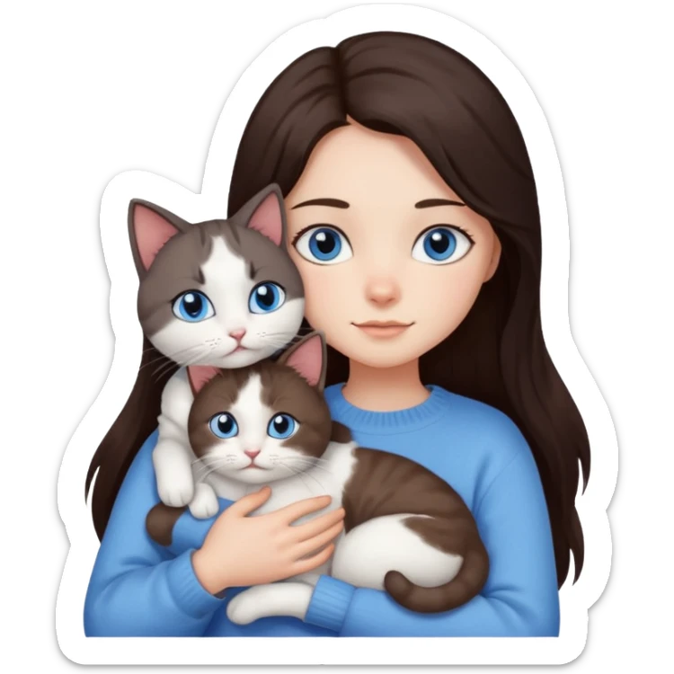 a girl with long dark 
brown hair, with blue eyes, in a
white sweater, hugs 3 different natural coloured cats sticker