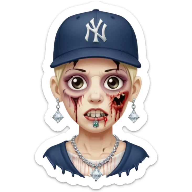 Zombie con aretes con una gorra new York yankee y una cadena de diamante sticker