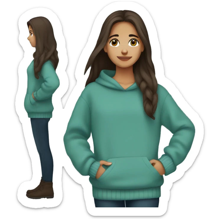 teenage girl, hispanic, long brown hair, brown eyes, teal sweater, winter sweater sticker