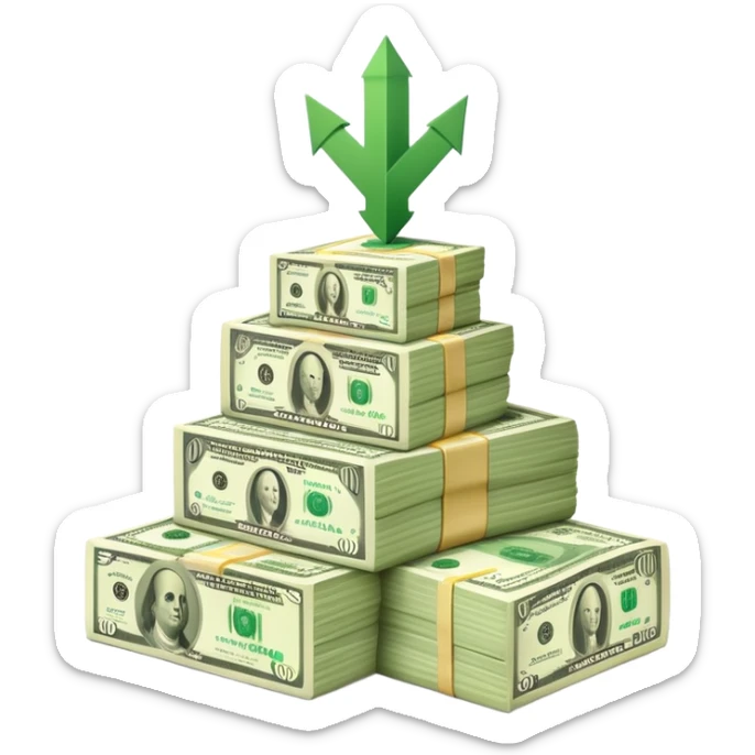 upward arrow next to a growing stack of cash money bills, financial growth sticker