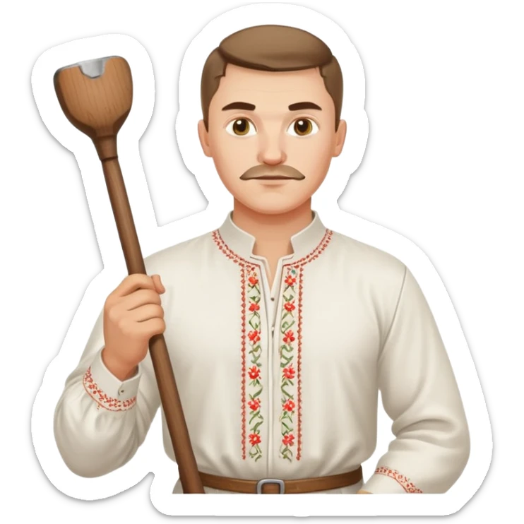 Ukrainian man wearing traditional white embroidered shirt (vyshyvanka) holding a hammer in one hand and a kitchen ladle in the other hand sticker