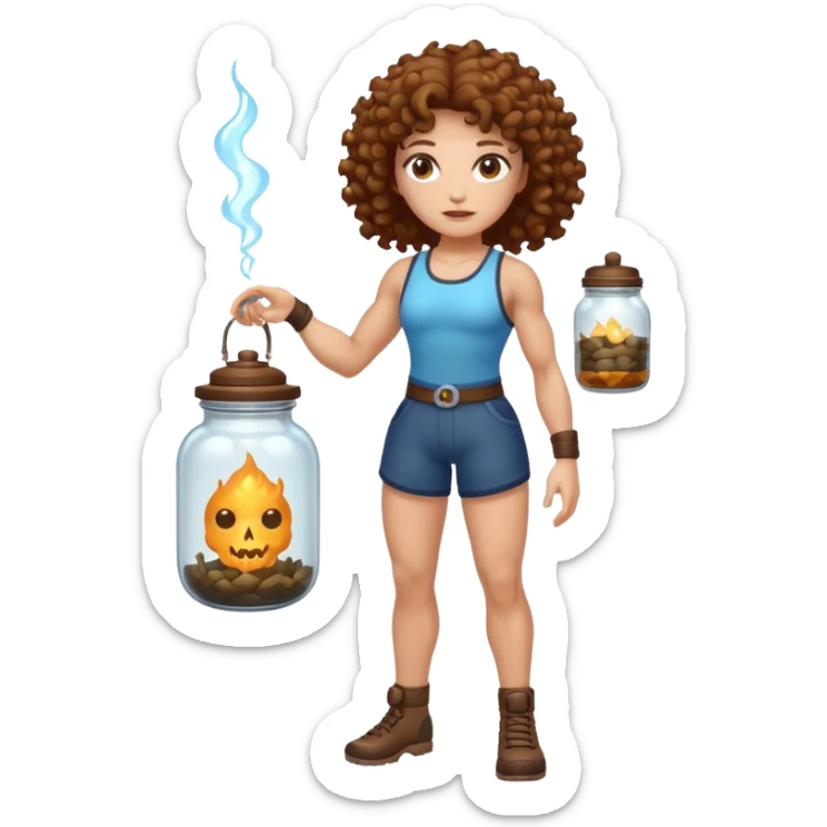 full body woman short curly brown mullet brown eyes white skin muscular build bug catcher spirit with glowing jar sticker