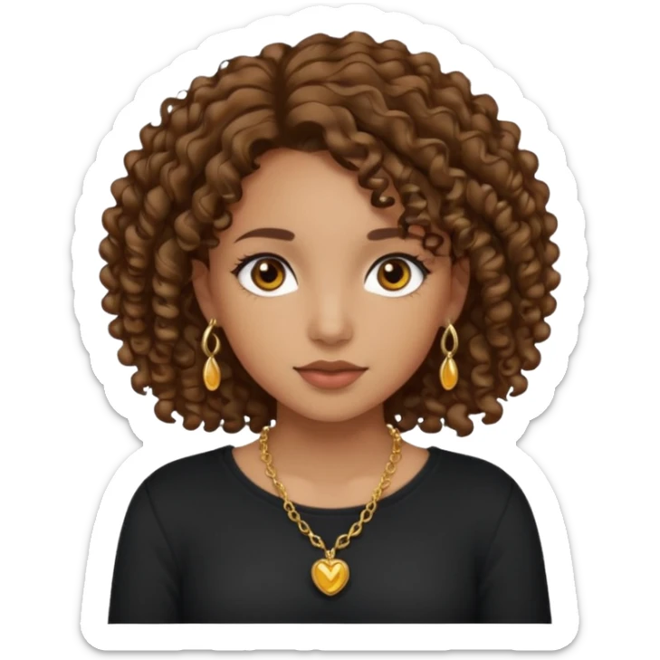 girl with tan skin, dark hazel eyes, and curly brown hair wearing a black long sleeve shirt and gold necklaces sticker