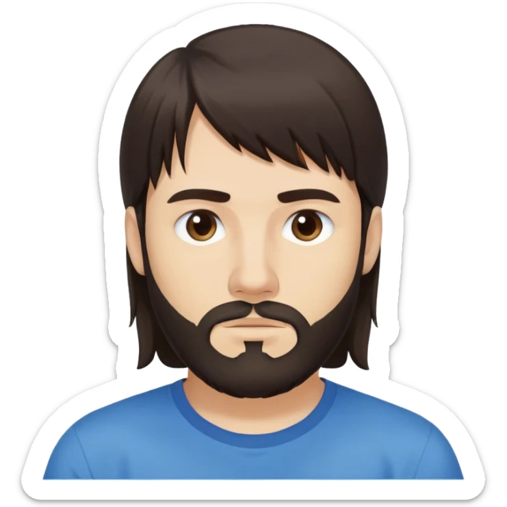 Caucasian Argentine man with long straight dark brown hair, loose hairstyle with bangs, shoulder-length hair, short full beard, serious-neutral expression, basic blue t-shirt sticker