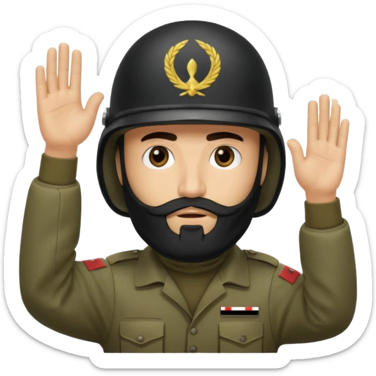 surrenders, depicts an Iraqi soldier from 1980, with a beard, in a helmet, a helmet "WITHOUT" insignia, with a balaclava, with sad eyes and both hands raised up sticker