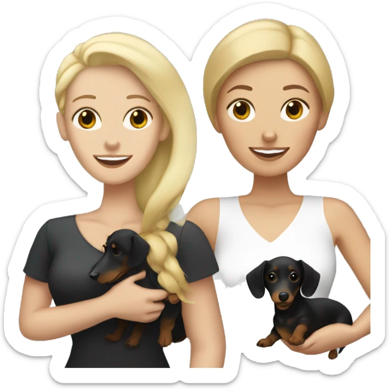 Blonde white woman and Brunette white woman holding black and tan dachshund sticker