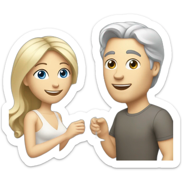 A white woman, she has brown eyes and blond medium long hair. A white man, he has blue eyes and grey hair. They toast to each other with a glass of white wine. sticker