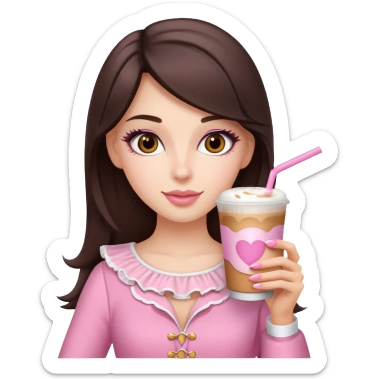 white brunette with brown eyes and a pink coquette outfit, drinking a caramel machiatto sticker