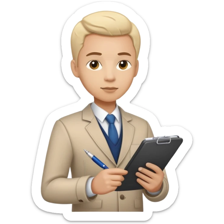 A person holding a checklist and pen is wearing smart casual clothing. The character is in a focused pose sticker