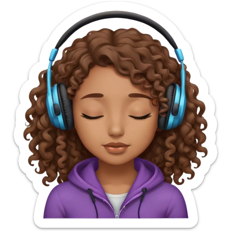 Light brown skin girl, long curly brown flat hair, eyes closed, headphones on listing to music sticker