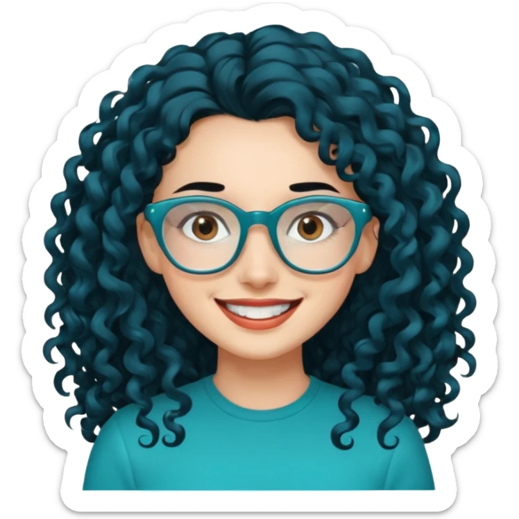 woman with long curly black hair, large forehead, brown eyes with teal blue glasses, white skin, smiling with teeth sticker