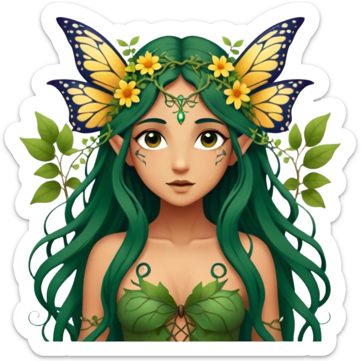 Cinematic Realistic Forest Nymph Fairy Portrait, depicted with lifelike, sun-kissed tanned skin that radiates an earthy glow, softly illuminated by natural, dappled light. Her long, flowing dark green hair is intricately detailed and interwoven with delicate vines and wildflowers, while her deep, soulful eyes mirror the wisdom of the forest. Dressed in an attire inspired by nature’s palette—with subtle botanical motifs—the portrait exudes a soft, enchanted glow that melds realism with woodland magic showing her large butterfly wings from her back. sticker