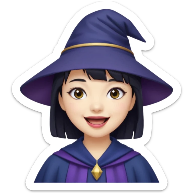 An Asian short-haired girl with short raven hair and bangs, with heterochromia eyed, eyeliner, and laughs with teeth and her tiny fang of mauve-toned lipstick, wears a dark navy wizard hat with an emblem on it. sticker