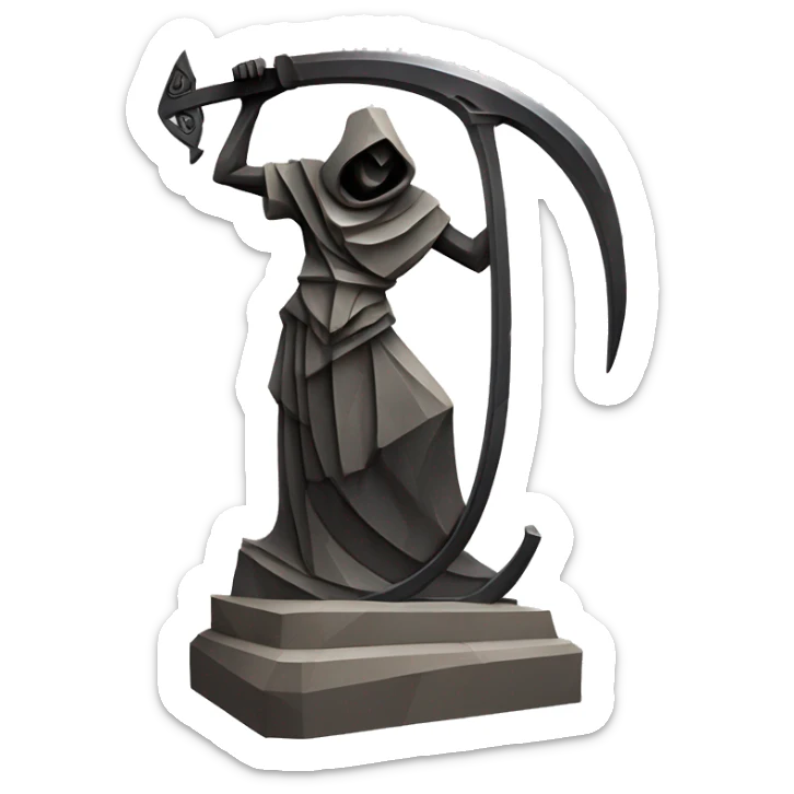 Stone sculpture Reaper scythe with a geometric, faceted design. The scythe is standing upright on a base with angular and baroque features. The vibrant midtone subtlety of dark neutrals highlights the sharp edges and planes.  sticker