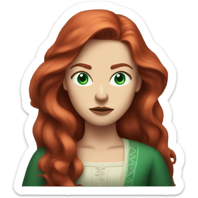 Rich woman, red long hair,  pale-skin, emerald blue-green-eyes,  scowling, glaring, angry sticker